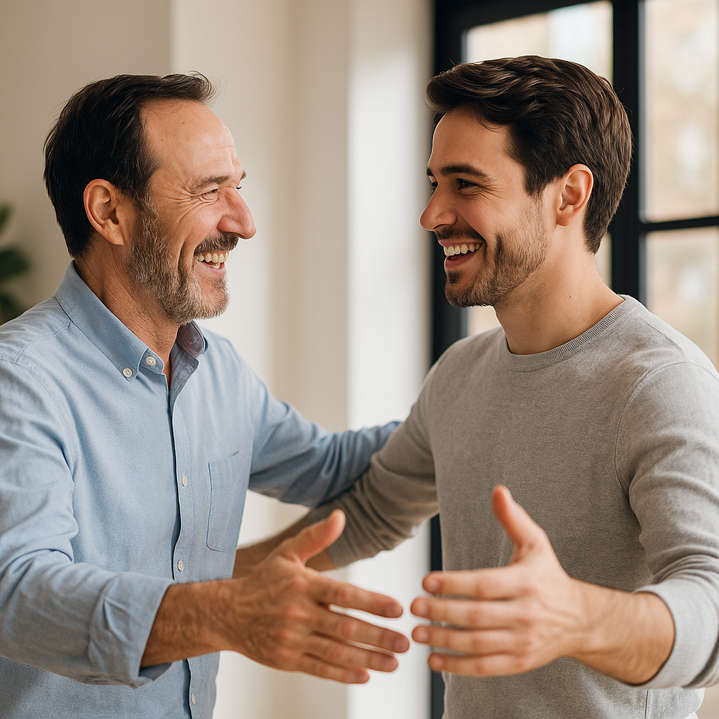 Two people warmly about to hug in a professional setting