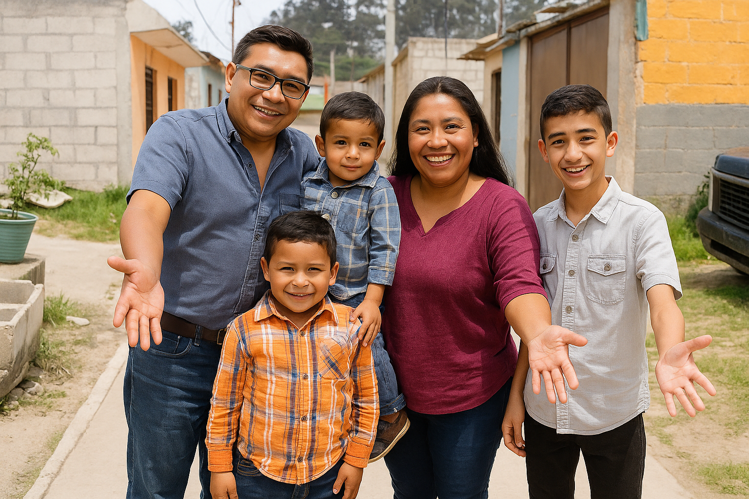 Latin American family smiling in front of their home, welcoming a loved one.