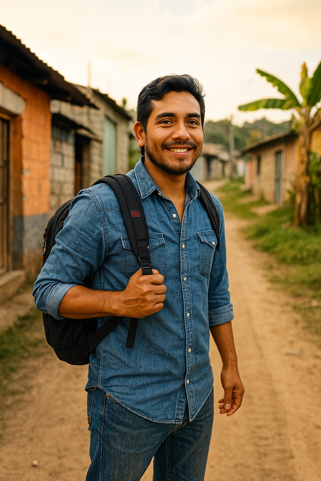 Migrante guatemalteco caminando con su mochila, mirando hacia el futuro con esperanza.
