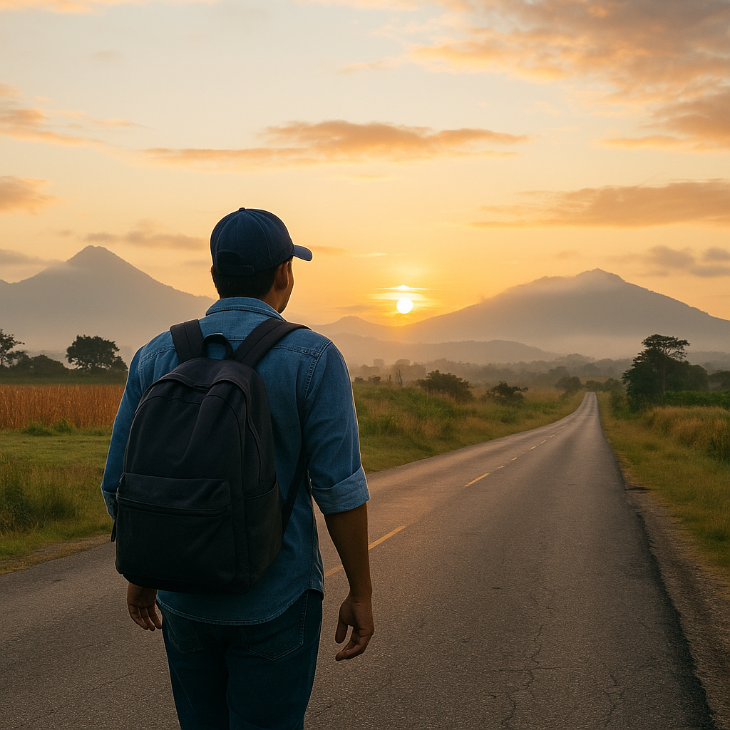 Trabajador guatemalteco caminando por una carretera rural al amanecer, con mochila al hombro, simbolizando esperanza y nuevos comienzos.