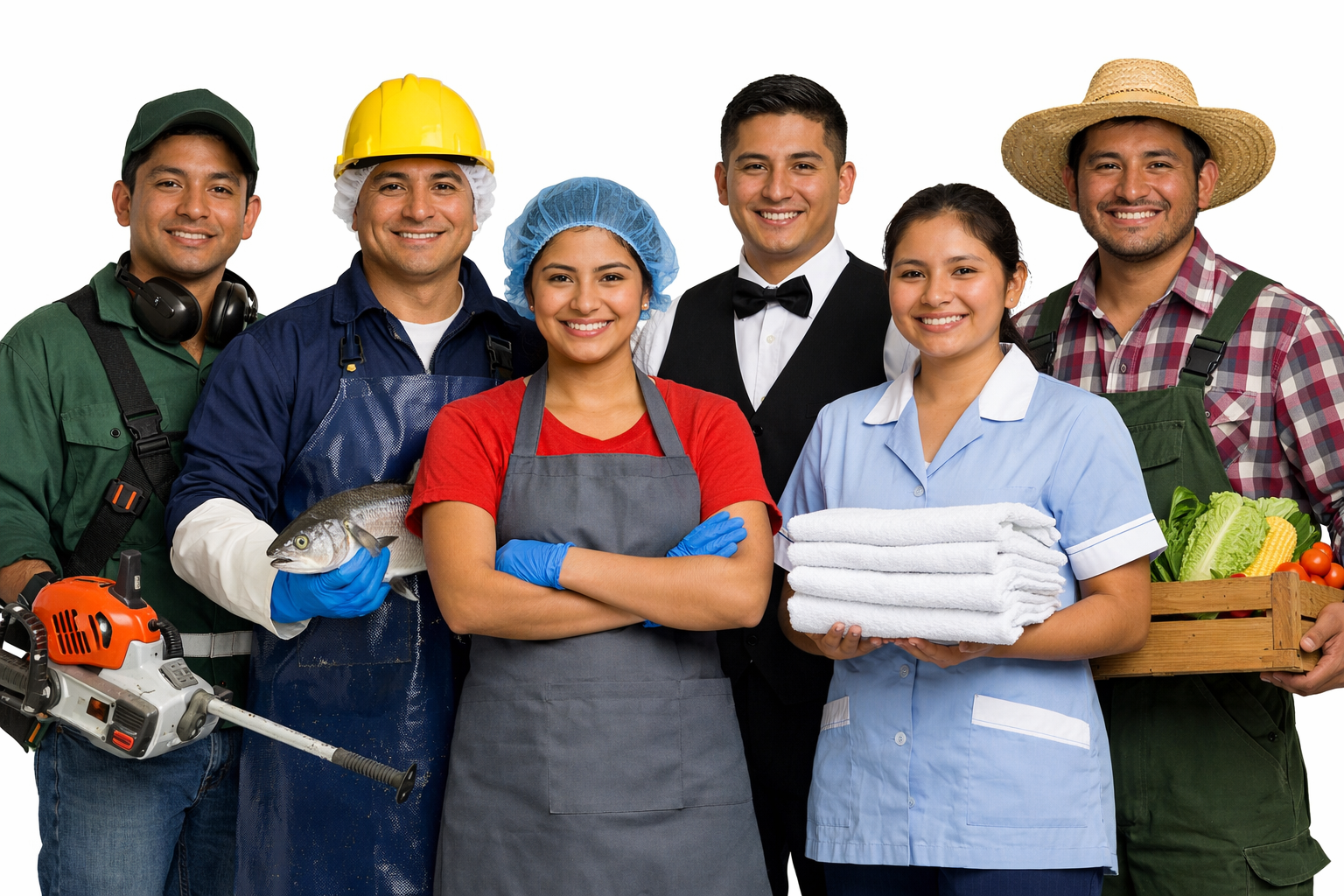 Workers representing landscaping, seafood processing, packaging, hospitality, housekeeping, and agriculture