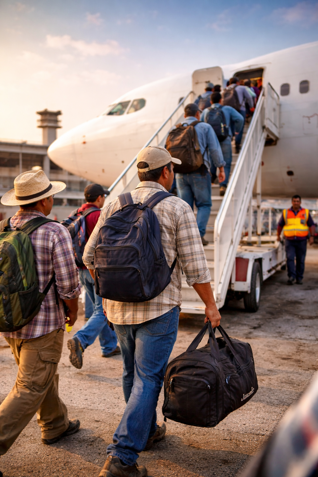 Workers moving through a structured international travel and deployment process