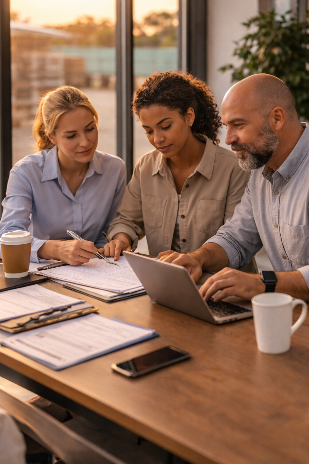 Professional coordination meeting reviewing hiring process